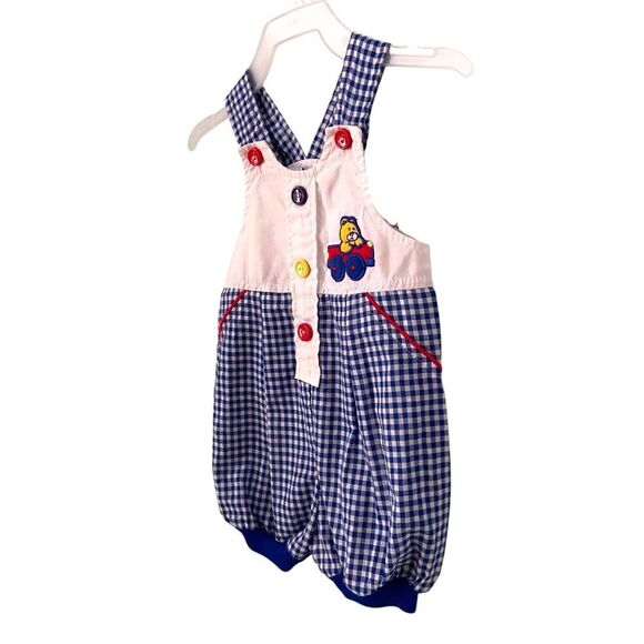 Vintage Small Steps Blue & White Checkered Kids Overalls with Bear Size 6/9 Mos - Picture 3 of 8